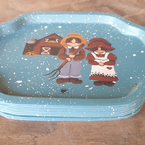 Tender Heart Treasures Ltd 1987 Snack Trays Spatter Blue Set of 9 - Picture 2 of 14